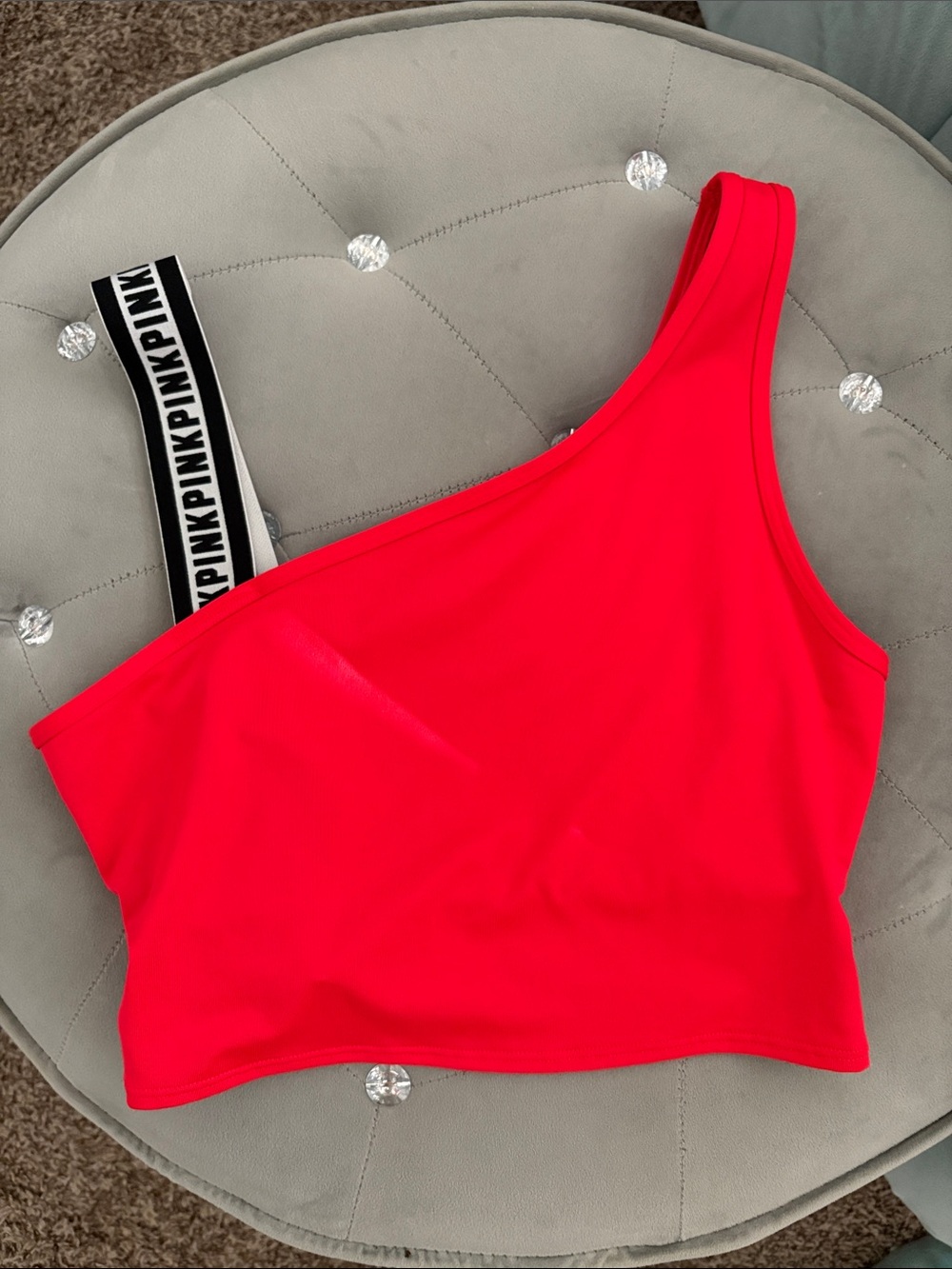 PINK Victoria's Secret One-Shoulder Crop Top in Bright Red with Branded Strap